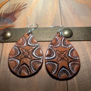 Tooled and antiqued, silver and brown tear drop earrings
